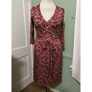RARE! L.K. Bennett 100% Silk Slinky Red Print 3/4 Sleeved V-Neck Wrap Dress 10